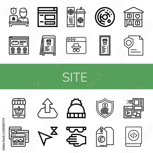 Set of site icons such as Protection, Website, Menu, Ticket, Webpage, Cell, Home, Page, Mobile, Browser, Upload, Cursor, Hat, Protective, Security, Price tag, Coding , site