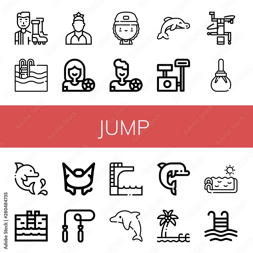 Set of jump icons such as Football player, Swimming pool, Dancer, Skater, Dolphin, Scratching post, Breakdance, Compress, Bungee jumping, Skipping rope, Trampoline, Pool , jump