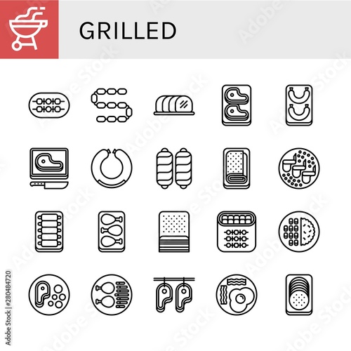 Set of grilled icons such as Bbq, Shish kebab, Sausage, Tenderloin, Steak, Meatloaf, Chicken wings, Ribs, Chicken leg, Bacon, Meat, Fried eggs , grilled