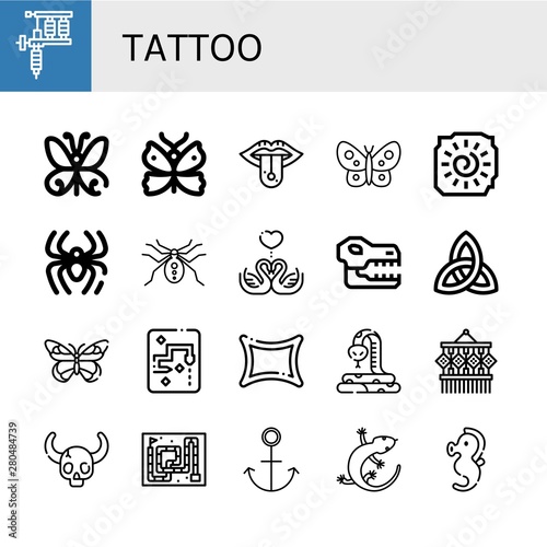 Set of tattoo icons such as Tattoo machine, Butterfly, Piercing, Cave painting, Spider, Swans, Skull, Paganism, Snake, Rune, Macrame, Anchor, Lizard, Seahorse , tattoo