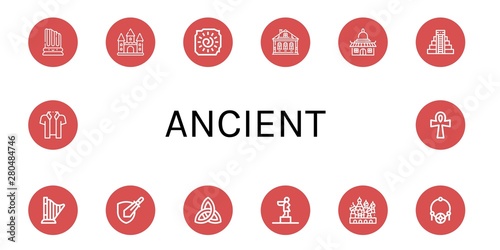 Set of ancient icons such as Column, Castle, Cave painting, Izba, Temple, Mayan pyramid, Harp, Rpg game, Paganism, Statue, Cathedral of saint basil, Amulet, Hawaiian , ancient