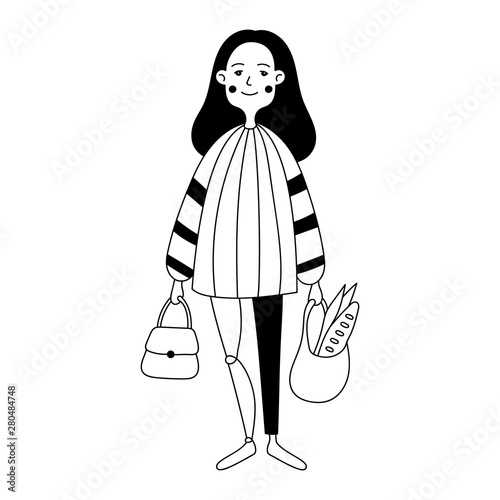 Illustration of a girl with a prosthetic leg. Simple flat style vector illustration. Life after injury. Scientific progress. Character woman with mechanical leg. Advertising prostheses. For printing