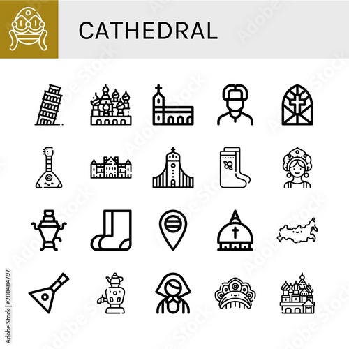 Set of cathedral icons such as Faberge, Leaning tower of pisa, Cathedral of saint basil, Monastery, Russian, Stained glass window, Balalaika, Palace, Hallgrimskirkja , cathedral
