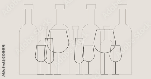 Illustration of wine bottles and wine glasses in outline style. Large wine glass, tasting. Background for print in a book or magazine. For web design sites.