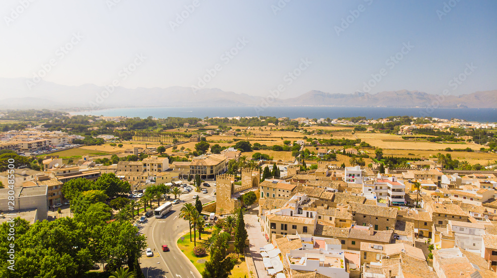 Aerial view of architecture of old town Alcudia, Palma de Mallorca, Spain
