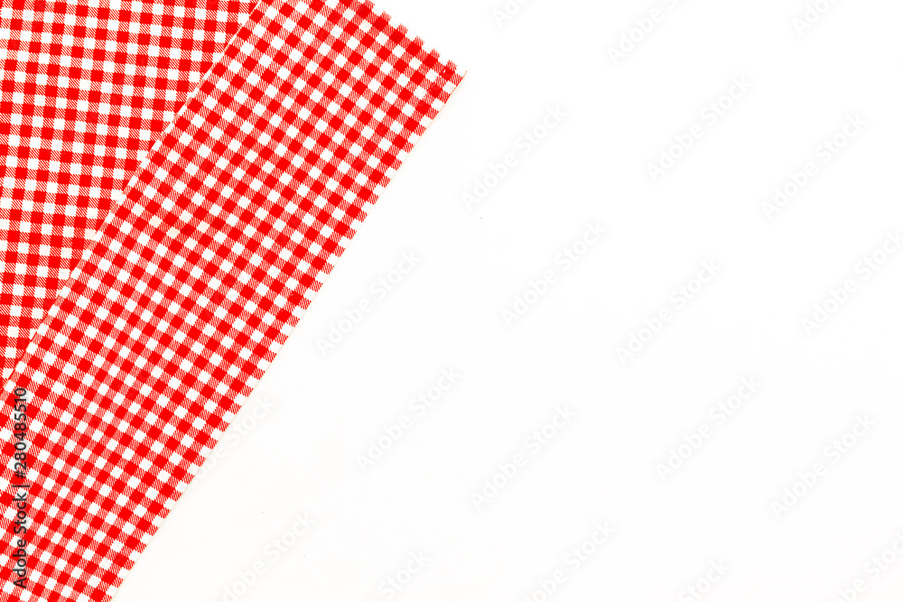 Picnic pattern with red and white dotted tablecloth on white background top view mock up Picnic pattern with red and white dotted tablecloth on white background top view mock up