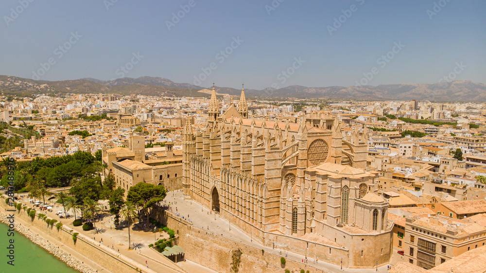 Aerial view of Cathedral of Santa Maria of Palma city, Palma de Mallorca, Spain. Popular tourist destinations