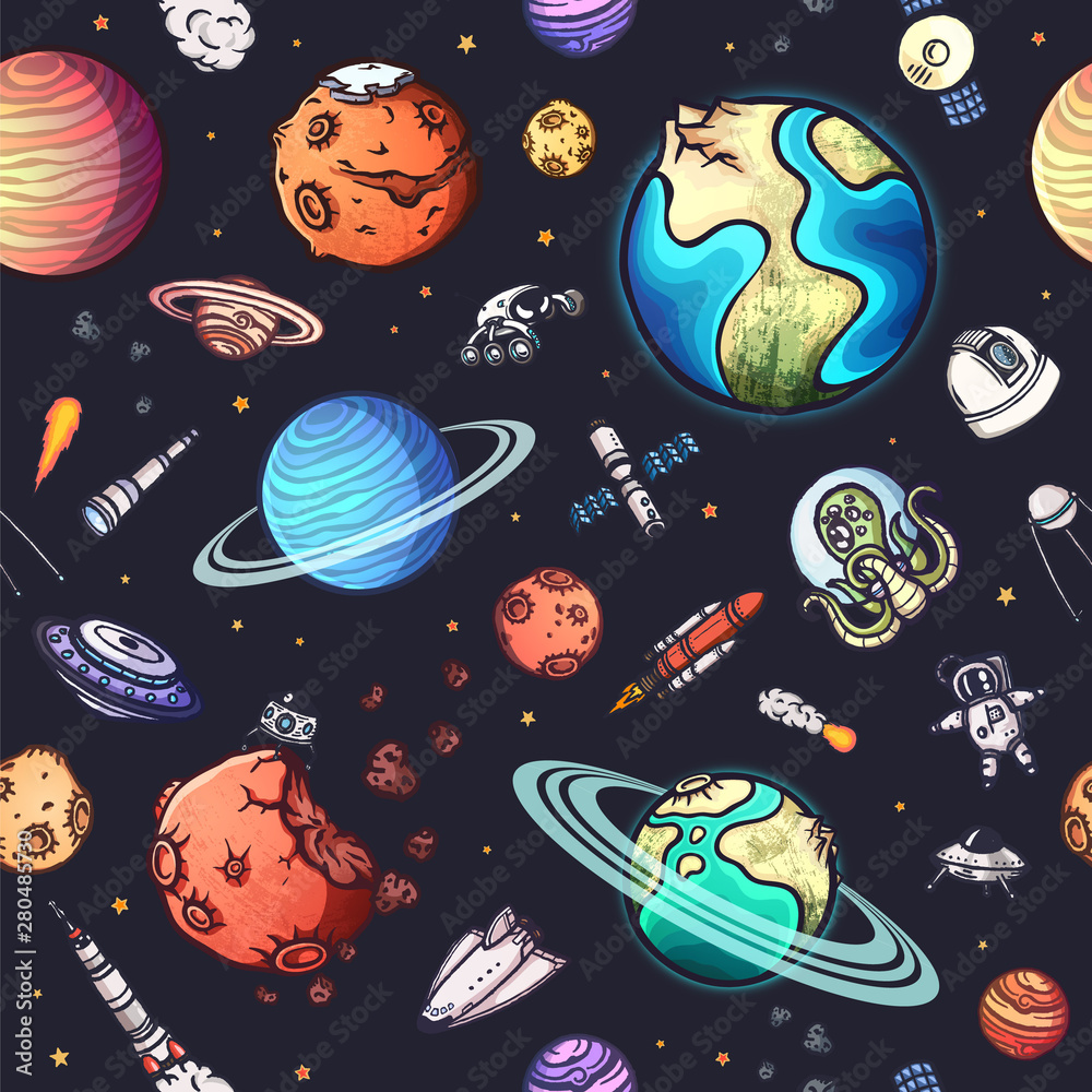 Hand drawn vector astronomy doodle seamless pattern.