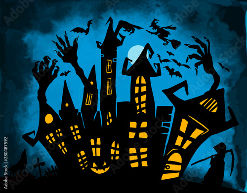 Happy Halloween. A castle of horrors with ghosts. Vector illustration