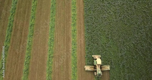 Tractor cuts a straight line of hay photo