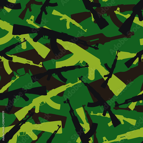 Seamless forest green assault rifle AK 47 military camouflage pattern vector
