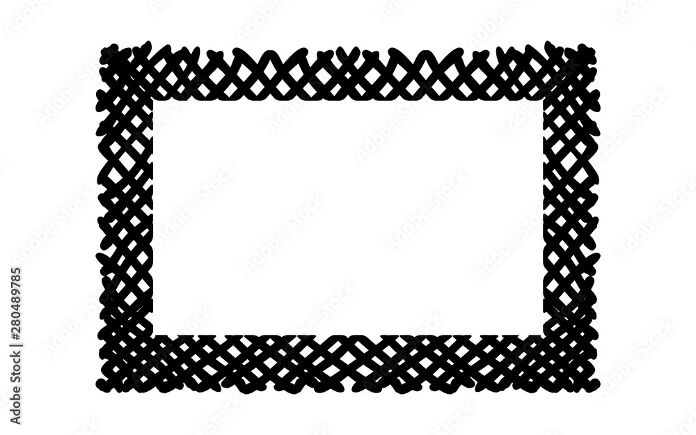 Scribble hatching criss cross along the rim frame rectangle. Hand drawn symbols. Sketches shaded and hatched badges and stroke shapes. Monochrome vector design elements. Isolated illustration.