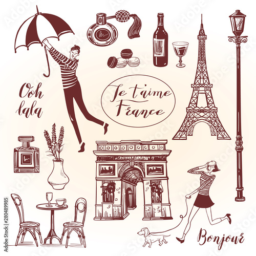 French vintage set with lettering in hand drawn style.