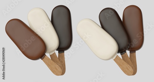 Three chocolate ice cream, dark chocolate and white chocolate. photo