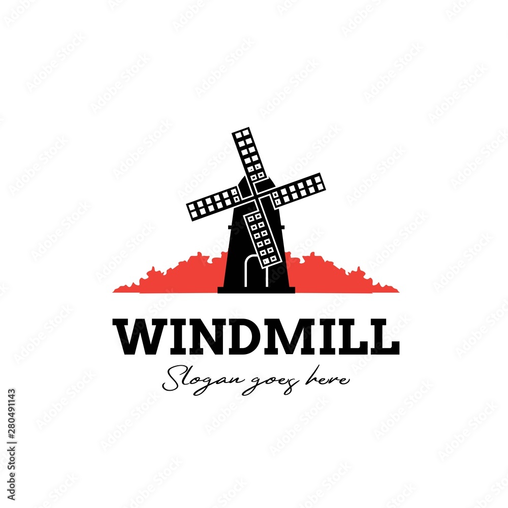 Windmill graphic with red plants farm logo design