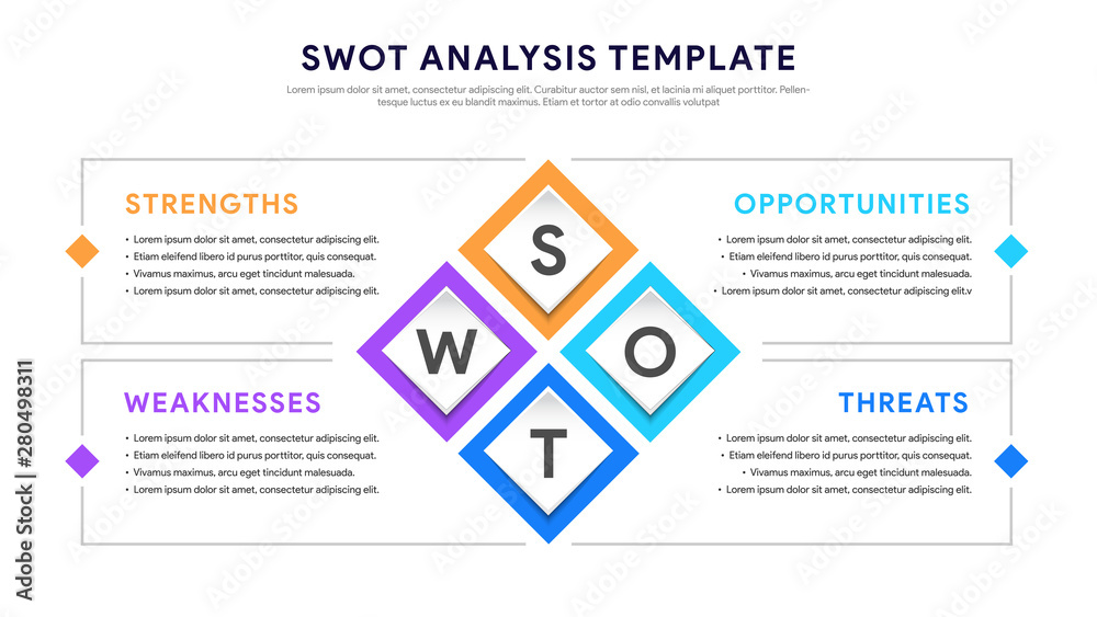 Four colorful elements with text inside placed around rectangle. Concept of SWOT-analysis template or strategic planning technique. Infographic design template. Vector illustration. Four colorful elements with text inside placed around rectangle. Concept of SWOT-analysis template or strategic planning technique. Infographic design template. Vector illustration.
