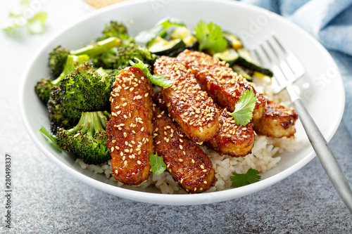 Tableau sur toile Teryaki tempeh with rice and roasted vegetables