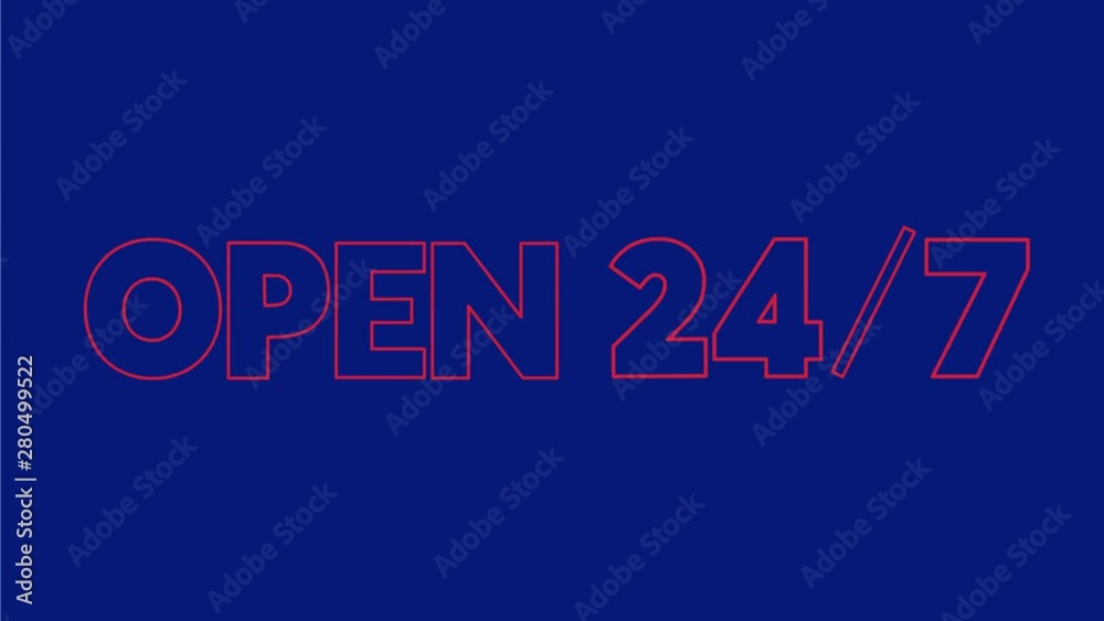 2d Animation motion graphics showing neon sign light signage lighting of open 24 7 flickering on blue screen in HD high definition done retro style. 2d Animation motion graphics showing neon sign light signage lighting of open 24 7 flickering on blue screen in HD high definition done retro style.