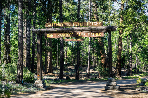 Entrance to Camp Mather  managed by San Francisco Recreation   Parks Department  the camp is located in the forests of Hetch Hetchy area  Yosemite National Park  Sierra Nevada mountains  California