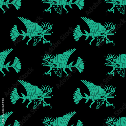 Seamless monochrome pattern with fantastic fish. Ancient Peruvian ethnic motif of Mochica Indians.