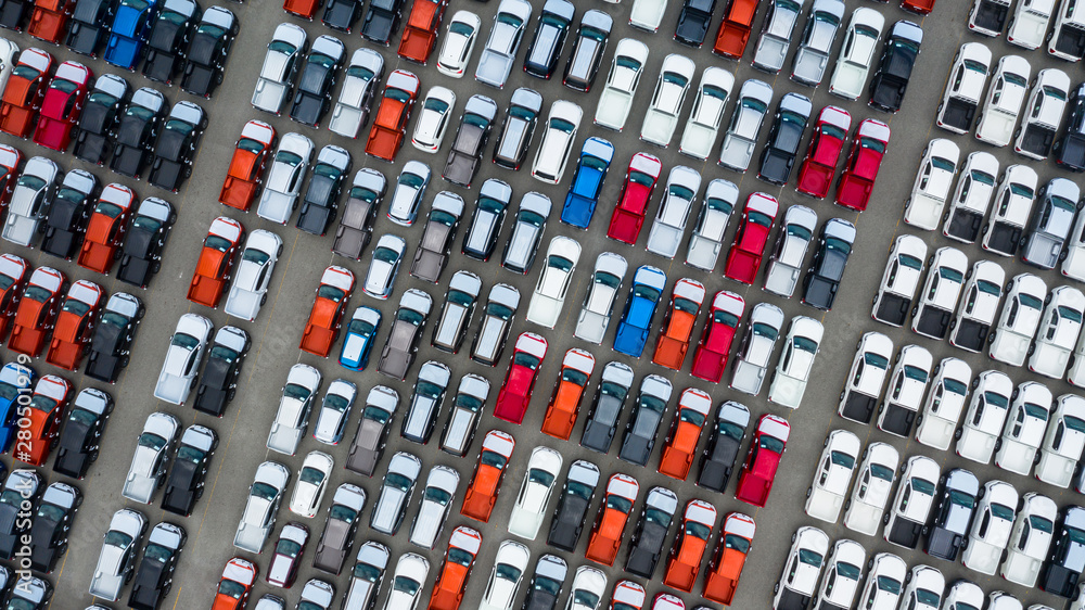 Aerial view new cars export terminal, New cars waiting for import export at deep sea port. Aerial view new cars export terminal, New cars waiting for import export at deep sea port.