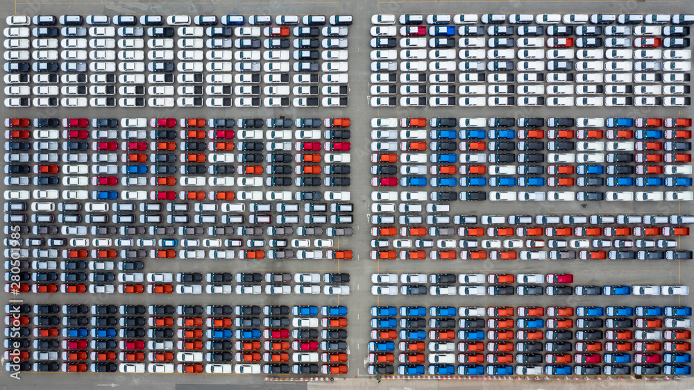 Aerial view new cars export terminal, New cars waiting for import export at deep sea port. Aerial view new cars export terminal, New cars waiting for import export at deep sea port.