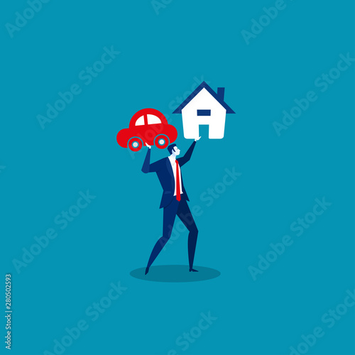 businessman holding loan house and car. vector