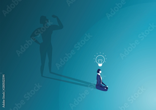 Woman sit in meditation pose and woman body strong shadow. Relaxation after work concept. High full level energy battery