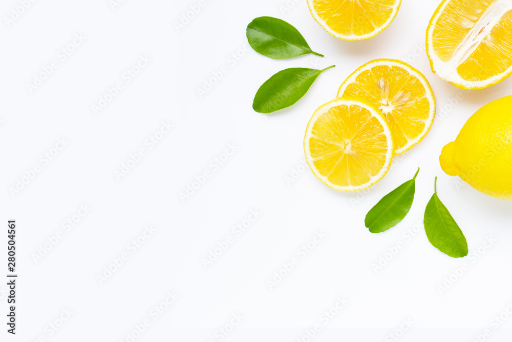 lemon and slices with leaves isolated on white. lemon and slices with leaves isolated on white.