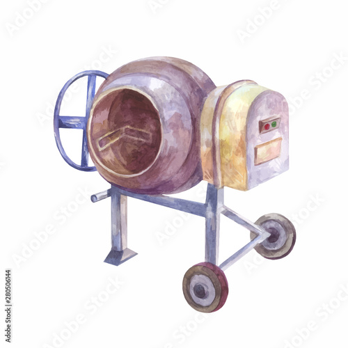 Home concrete mixer isolated. Watercolor drawing. Tool for pouri