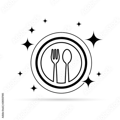 Dishes cleaning icon. Fork, spoon and plate vector design. Circular template.