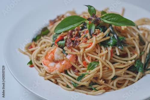 Spaghetti with Spicy Mixed Seafood Thai Style