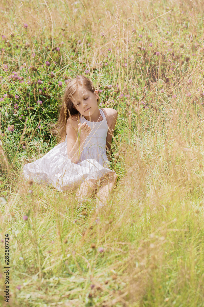 Beautiful girl in wildflowers resting on a sunny day