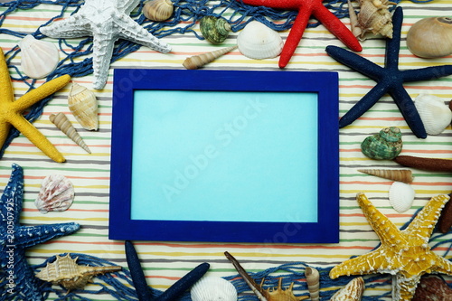 Mock up flat lay space photo frame with nautical merine decoration photo