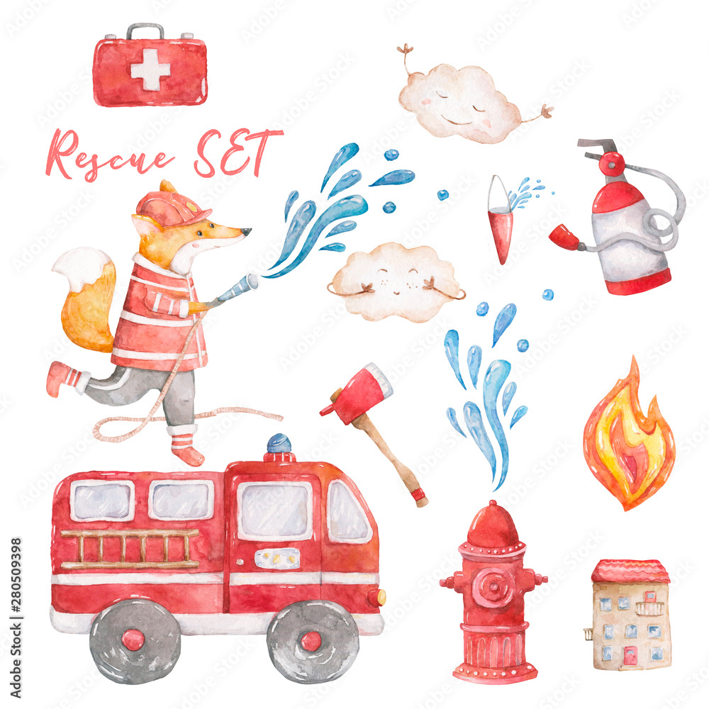Watercolor rescue kit. Little Heroes the fire rescue funny cartoon, hand  drawn colorful illustration on white background. Cute animal, nursery clip  art. Baby shower, axe, house Stock Illustration | Adobe Stock