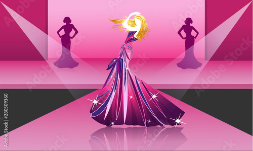  Fashion runway design in pink tones with model.