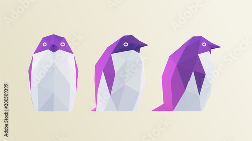 Cool Penguin. Set of Gradient Penguins on Dark Background. Low Poly Vector 3D Rendering