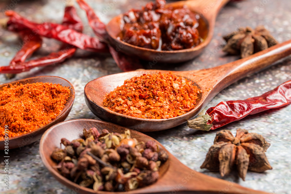 A variety of different flavors of chilies A variety of different flavors of chilies