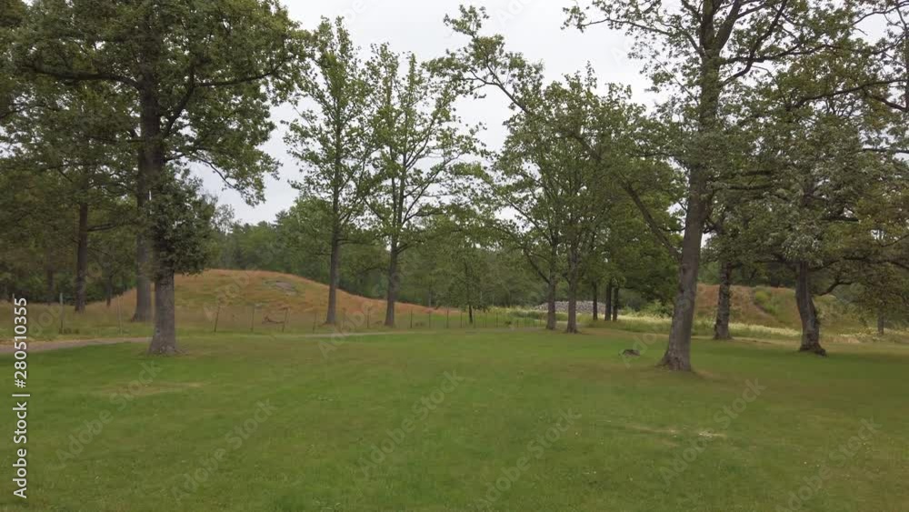 Borre mound cemetery are ancient Burial Mounds from the Viking period. Most of them are not explored, but those that was explored reviewed old viking ships use as grave and burred. big area pan Borre mound cemetery are ancient Burial Mounds from the Viking period. Most of them are not explored, but those that was explored reviewed old viking ships use as grave and burred. big area pan