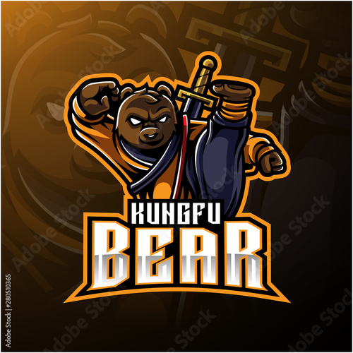 Kungfu bear mascot logo with a sword