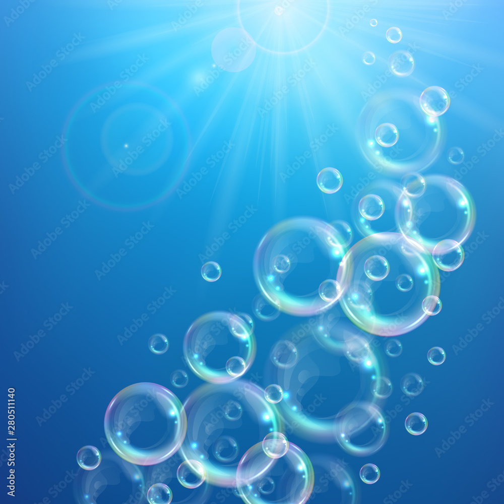 Realistic transparent floating soap bubbles with rainbow reflection. Design element for advertising booklet, flyer or poster