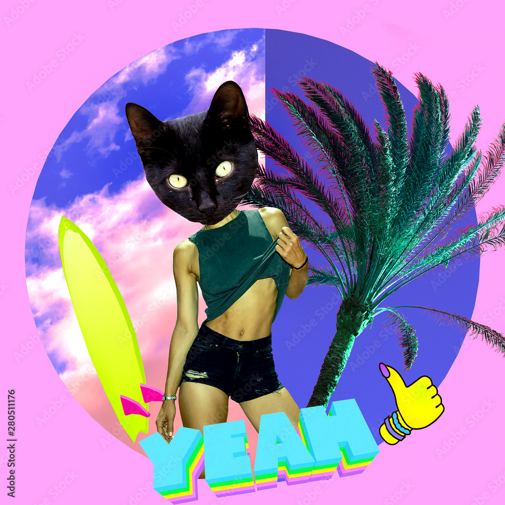 Fototapeta Moda Minimalistyczny kolaż sztuki. Plażowe klimaty Kitty Surfer