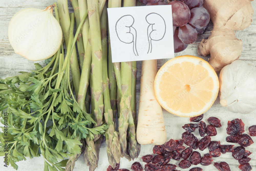 Drawing of kidneys and healthy eating as source vitamins and minerals