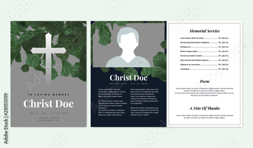 Botanical memorial and funeral invitation card template design, cross sign decorated with fiddle leaf fig, grey and blue tones