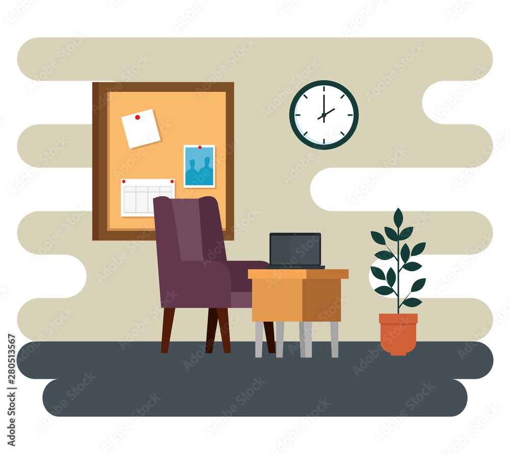 laptop in the desk with chair and noteboard with clock and plant laptop in the desk with chair and noteboard with clock and plant