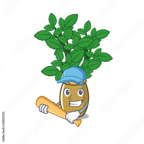 Playing baseball lemon balm isolated in the character