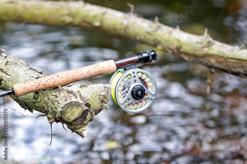 fly fishing rod and reel with line on the tree