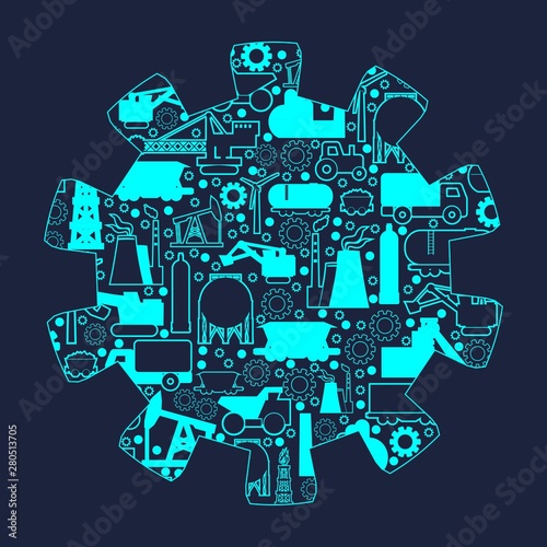 Concept of industrial plant and manufacture building. Energy generation and heavy industry. Brochure or cover design template. Gear shape with industrial thin line icons.