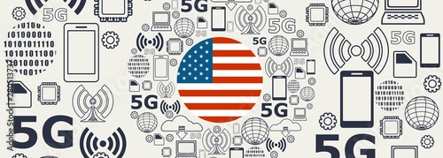 Mobile gadgets technology relative vector image. Circle frame with technology thin line icons. 5G Network Symbol. Flag of the USA