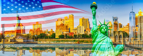 Skyline view of skyscrapers from water, from Hudson to Manhattan,NY. New York City is  Financial capital of America.